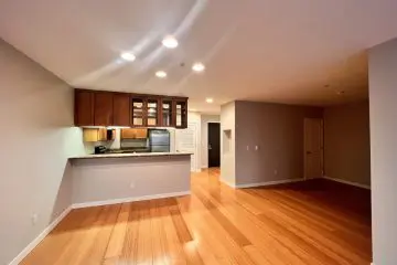 Boston floorplan, view of kitchen from den living room area.