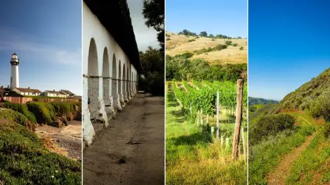 Collage featuring Pigeon Point Lighthouse near Pescadero, Mission San Juan Bautista, Livermore Wine Country vineyards, and Sunol Regional Wilderness near San Jose.
