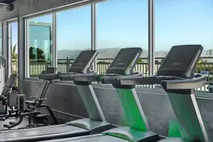 Treadmills and workout equipment line the wall of the fitness center at the Deck