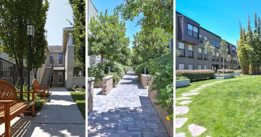 Three De Anza Properties apartment communities in the South Bay and San Francisco with landscaped walkways and outdoor seating, located near popular farmers markets.
