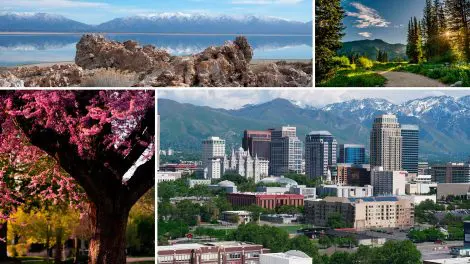 Collage of springtime scenes in and near Salt Lake City featuring Antelope Island shoreline, scenic walking trail through nature, blooming pink tree in local park, and Downtown SLC view of Temple Square framed by melting snowcapped mountains.