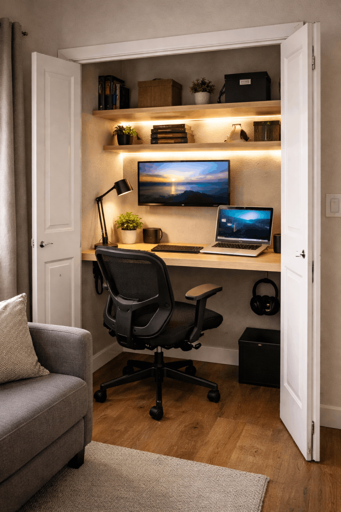 Closet converted into a cloffice workspace with built-in desk, shelves, monitor, and office chair inside a compact Bay Area apartment.