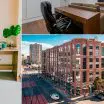 Collage of apartment workspaces including a compact desk nook, a behind‑sofa workstation in an open living area, and an exterior photo of a San Francisco apartment community.