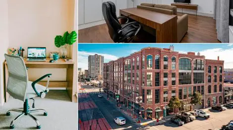 Collage of apartment workspaces including a compact desk nook, a behind‑sofa workstation in an open living area, and an exterior photo of a San Francisco apartment community.