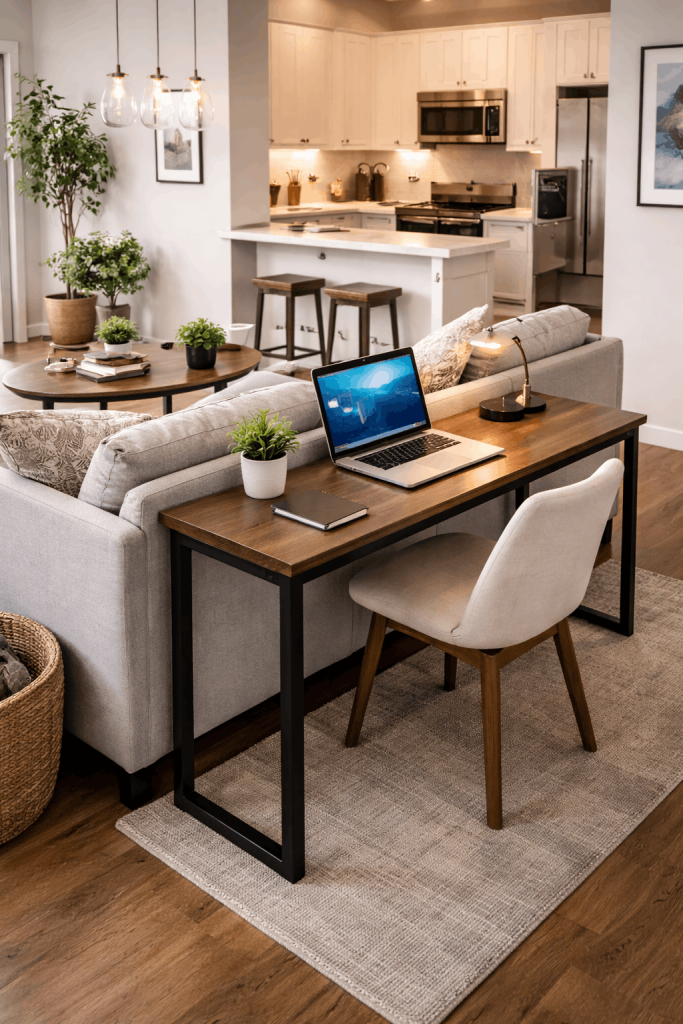 Behind-the-sofa apartment workstation with narrow desk, laptop, and chair in an open-concept living area of a Bay Area apartment.