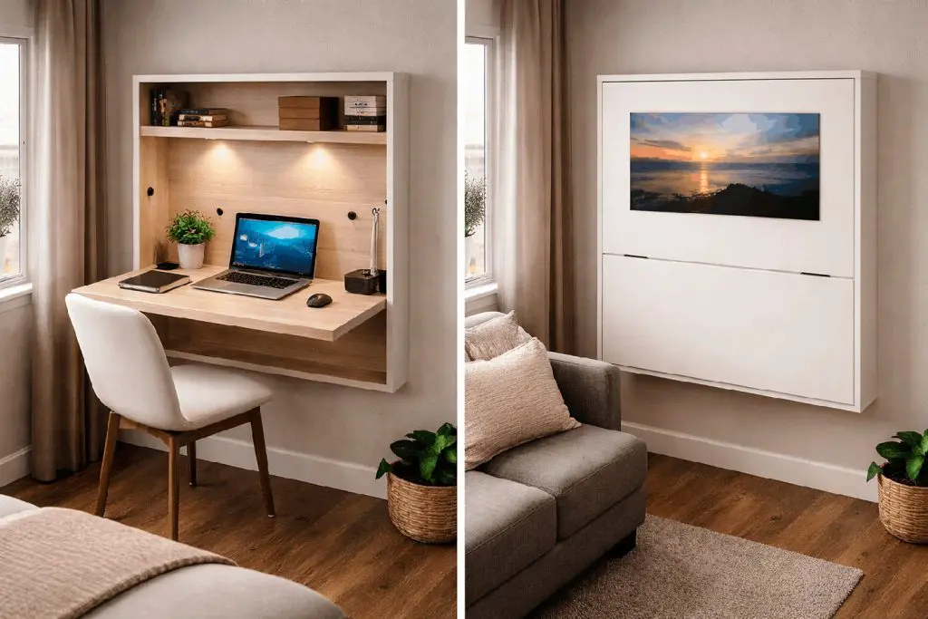 Modern fold-down desk that folds into a clean cabinet, suitable for compact Bay Area apartment layouts.