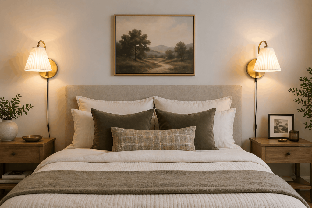Plug-in wall sconces in an apartment bedroom create warm layered lighting without the need for hardwiring.