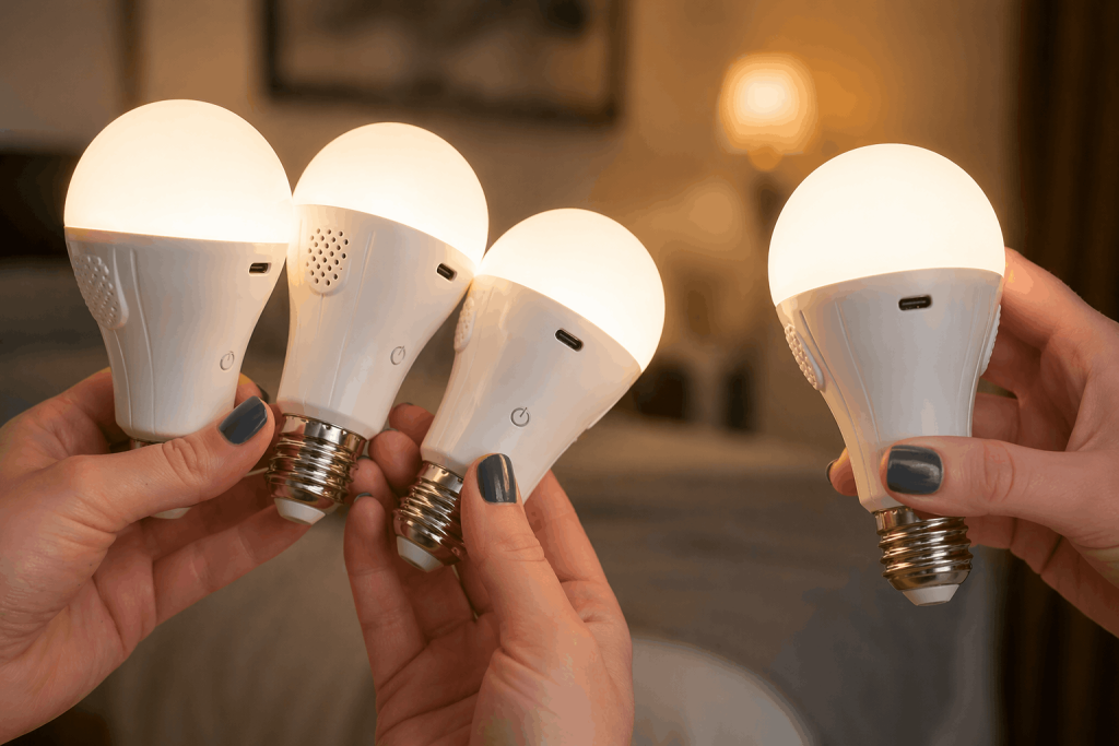 Rechargeable light bulbs being used in an apartment bedroom as a no wiring lighting solution.