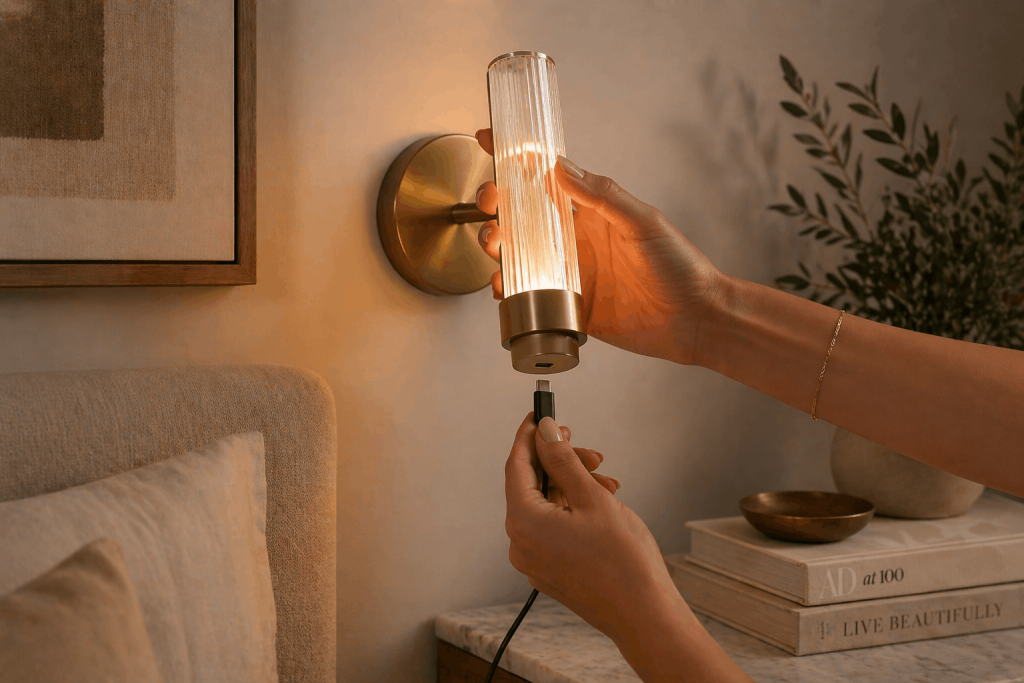 Battery operated wall sconce being charged in apartment bedroom for renter friendly lighting that requires no hardwiring.