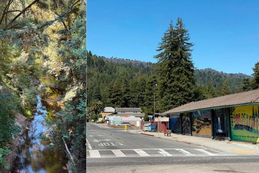 Downtown Boulder Creek and the San Lorenzo River in Boulder Creek, California.