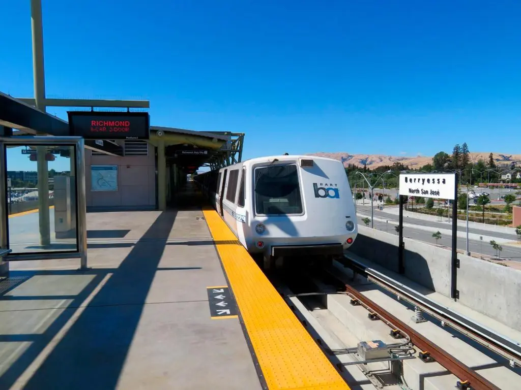 BART train arriving at Berryessa/North San Jose Station in San Jose, California.