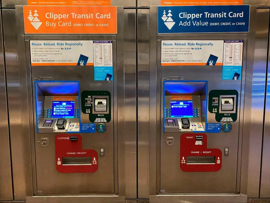 Clipper card ticket machines at a Bay Area transit station used to purchase and reload transit fare cards.