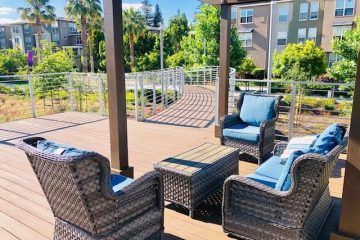 Fruitdale Station Apartments Outdoor Walkway & Seating Area