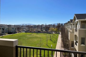 View of courtyard from apartment unit balcony patio.
