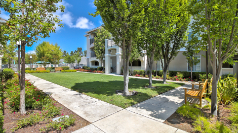 Outdoor walkway circling courtyard of grass, various plants, & bench seating.