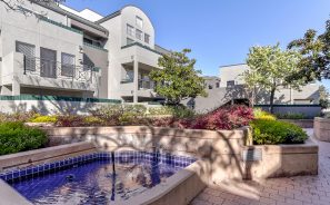 Outdoor walkway & blue fountain