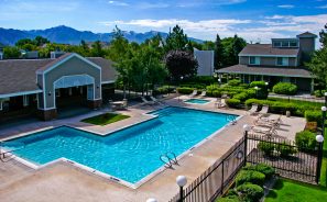 Outdoor pool area & leasing office.