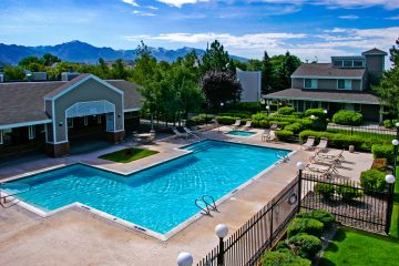 Outdoor pool area & leasing office.