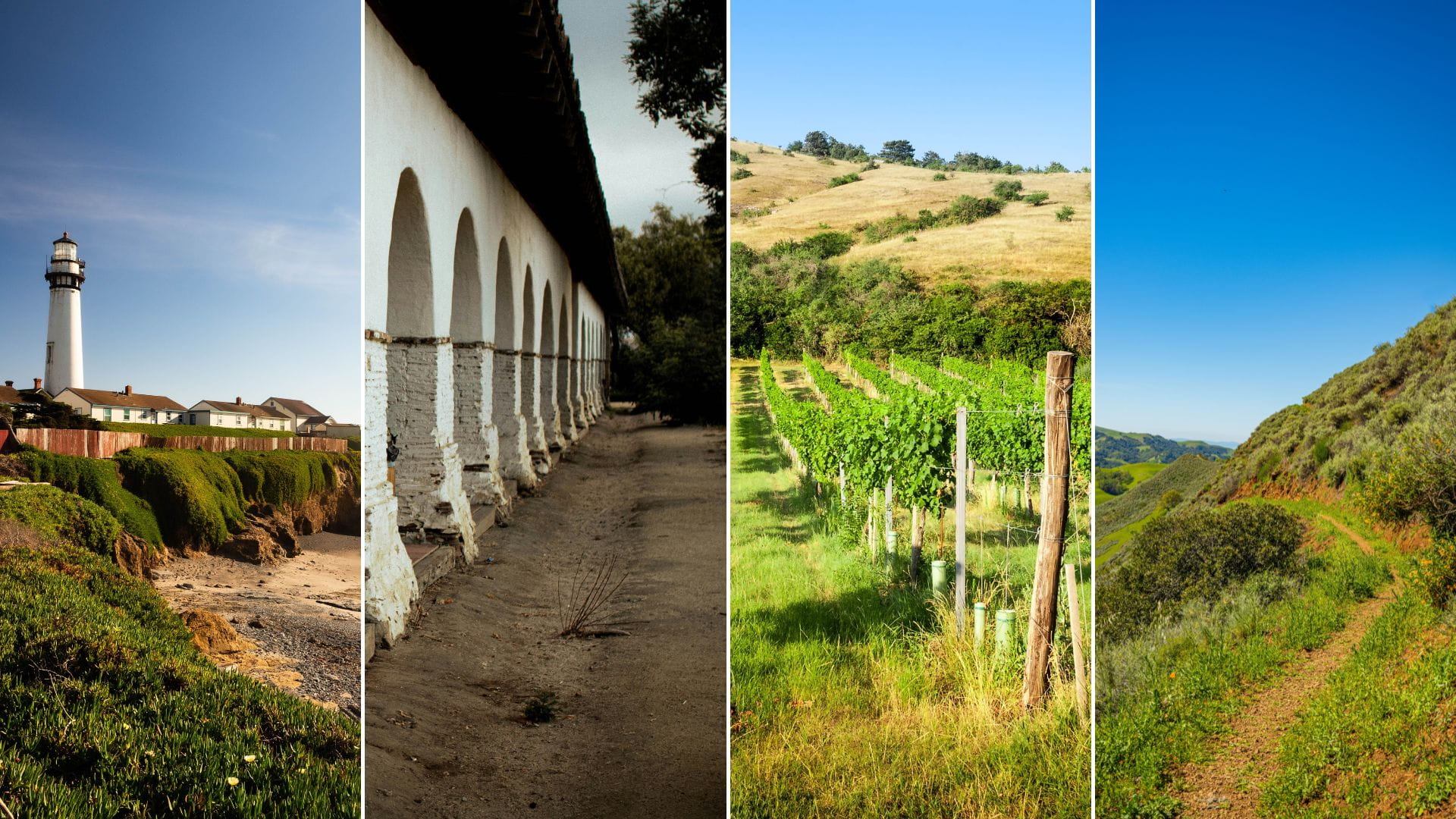 Collage featuring Pigeon Point Lighthouse near Pescadero, Mission San Juan Bautista, Livermore Wine Country vineyards, and Sunol Regional Wilderness near San Jose.