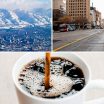 Collage of Salt Lake City with snowy mountains, downtown street, and a steaming cup of coffee, illustrating the coziest coffee shops in SLC.