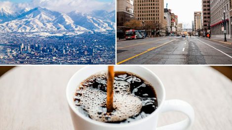 Collage of Salt Lake City with snowy mountains, downtown street, and a steaming cup of coffee, illustrating the coziest coffee shops in SLC.