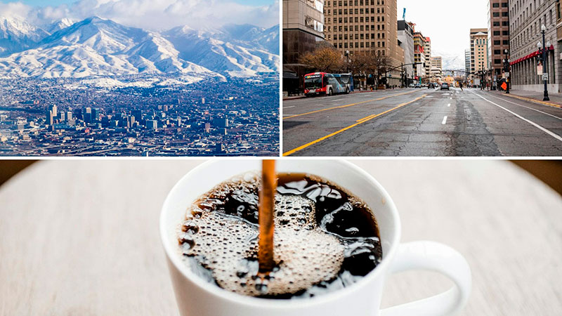 Collage of Salt Lake City with snowy mountains, downtown street, and a steaming cup of coffee, illustrating the coziest coffee shops in SLC.