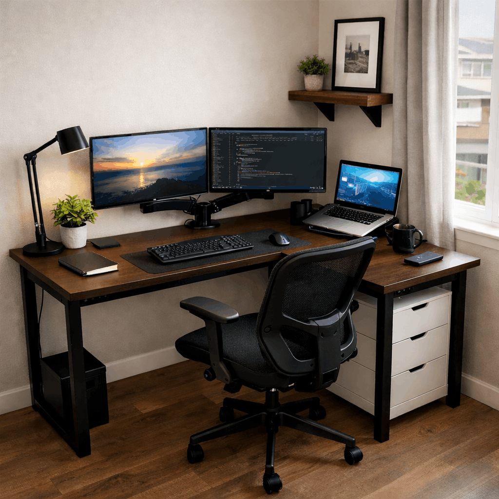 Modern corner desk setup in an apartment featuring dual monitors, a laptop, and organized shelving ideal for Bay Area renters creating a flexible workspace at home.