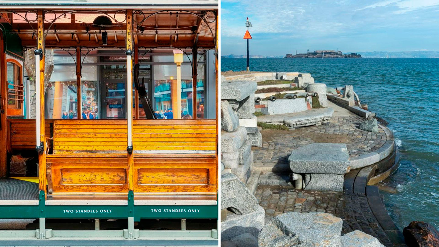 Vintage San Francisco cable car and the Wave Organ, offbeat Bay Area bucket list experiences for locals.