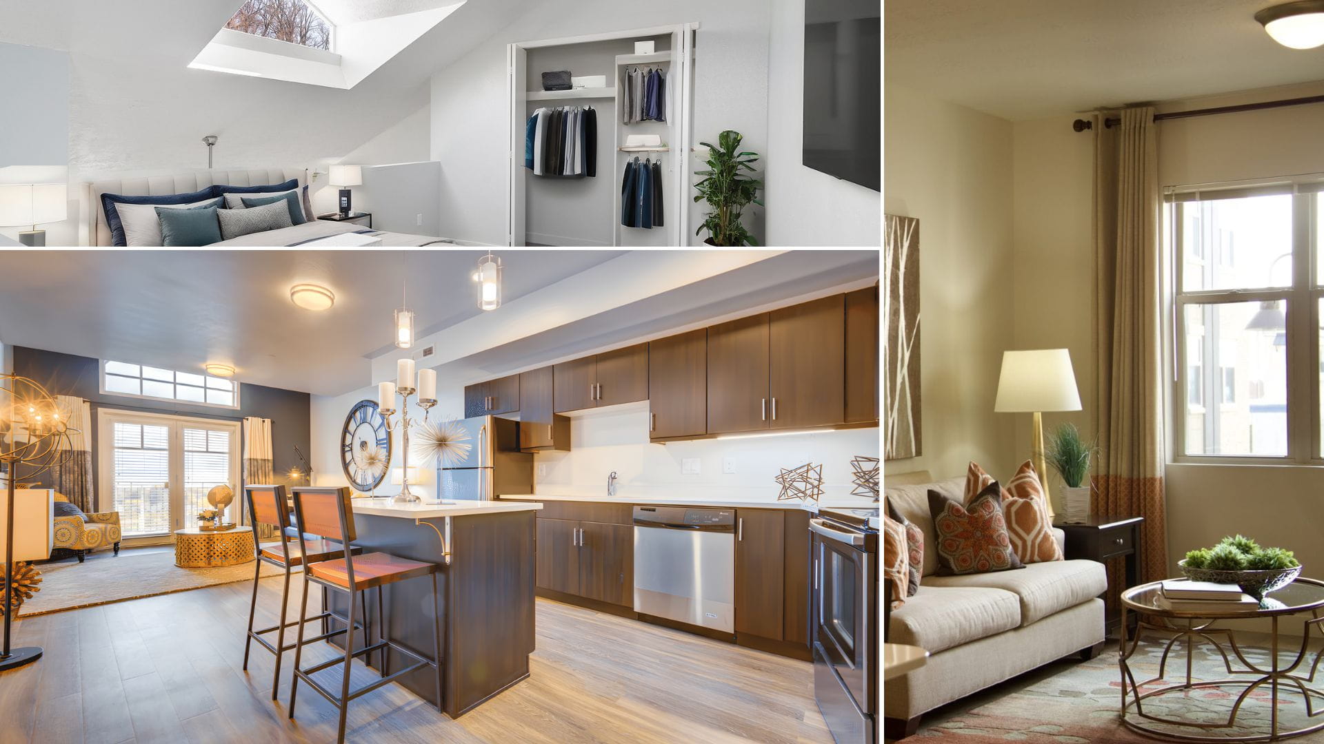 Apartment lighting ideas for renters featuring bedrooms, kitchens, and living rooms with natural light and layered modern lighting.