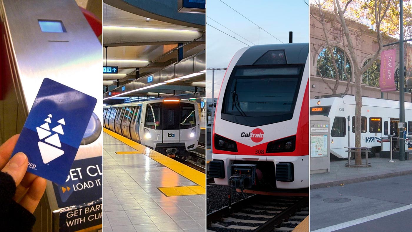 Clipper card and South Bay transit services including BART, Caltrain, and VTA light rail.